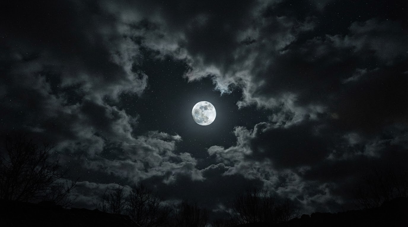 Looking up at a black sky, a pale moon hanging between clouds