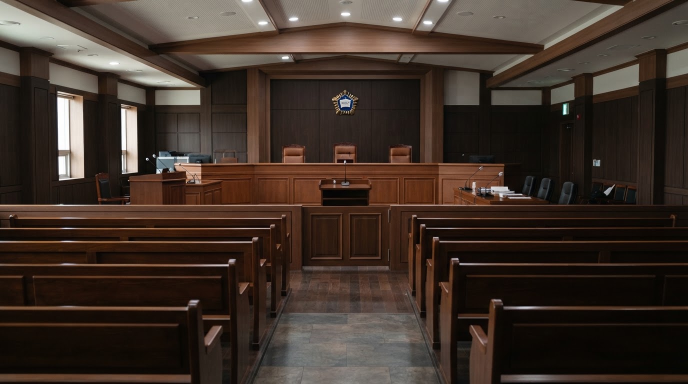 An empty Korean courtroom, unoccupied gallery benches, still and solemn