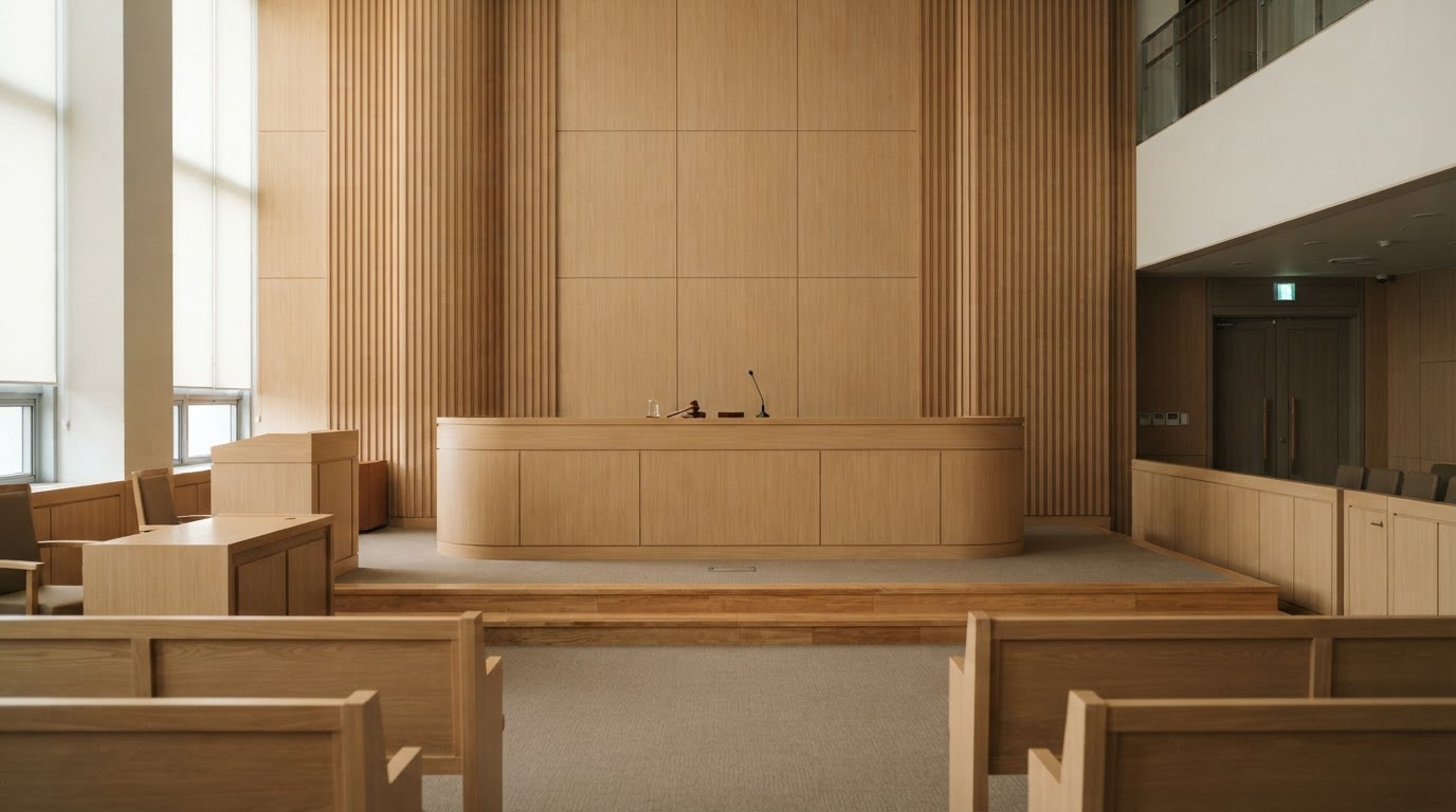 The quiet front of a Korean courtroom, an empty judge's bench