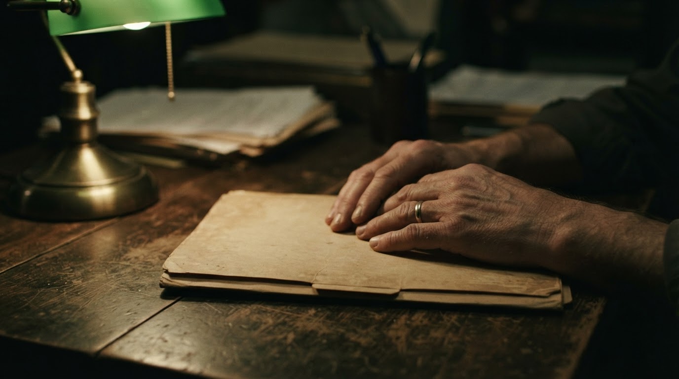 A pair of hands reopening an old retrial case folder, text illegible (no readable text)