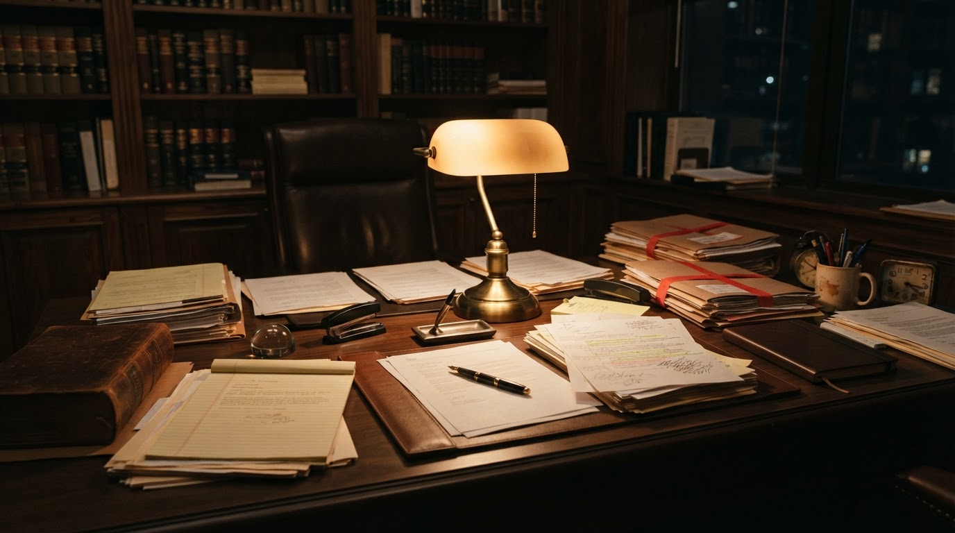 A lawyer's office desk with stacks of documents and a glowing lamp (no readable text)