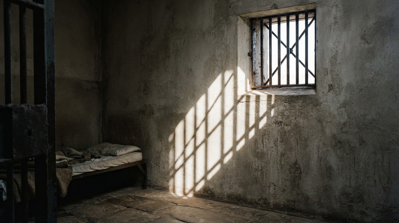 A shaft of window light filtering between prison bars, long shadows on a wall