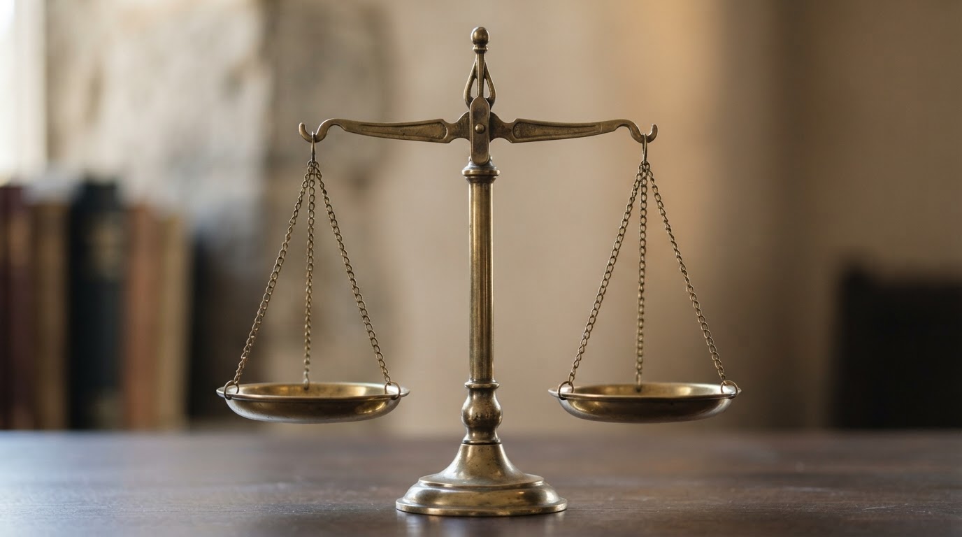 A balanced scale of justice in equilibrium, a calm neutral background (no readable text)