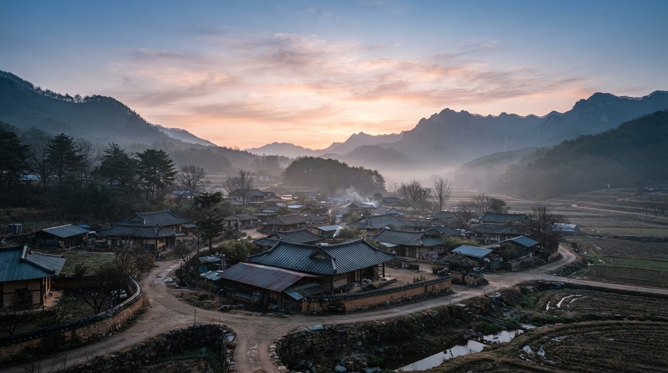 A rural Korean village sky brightening at first light of dawn