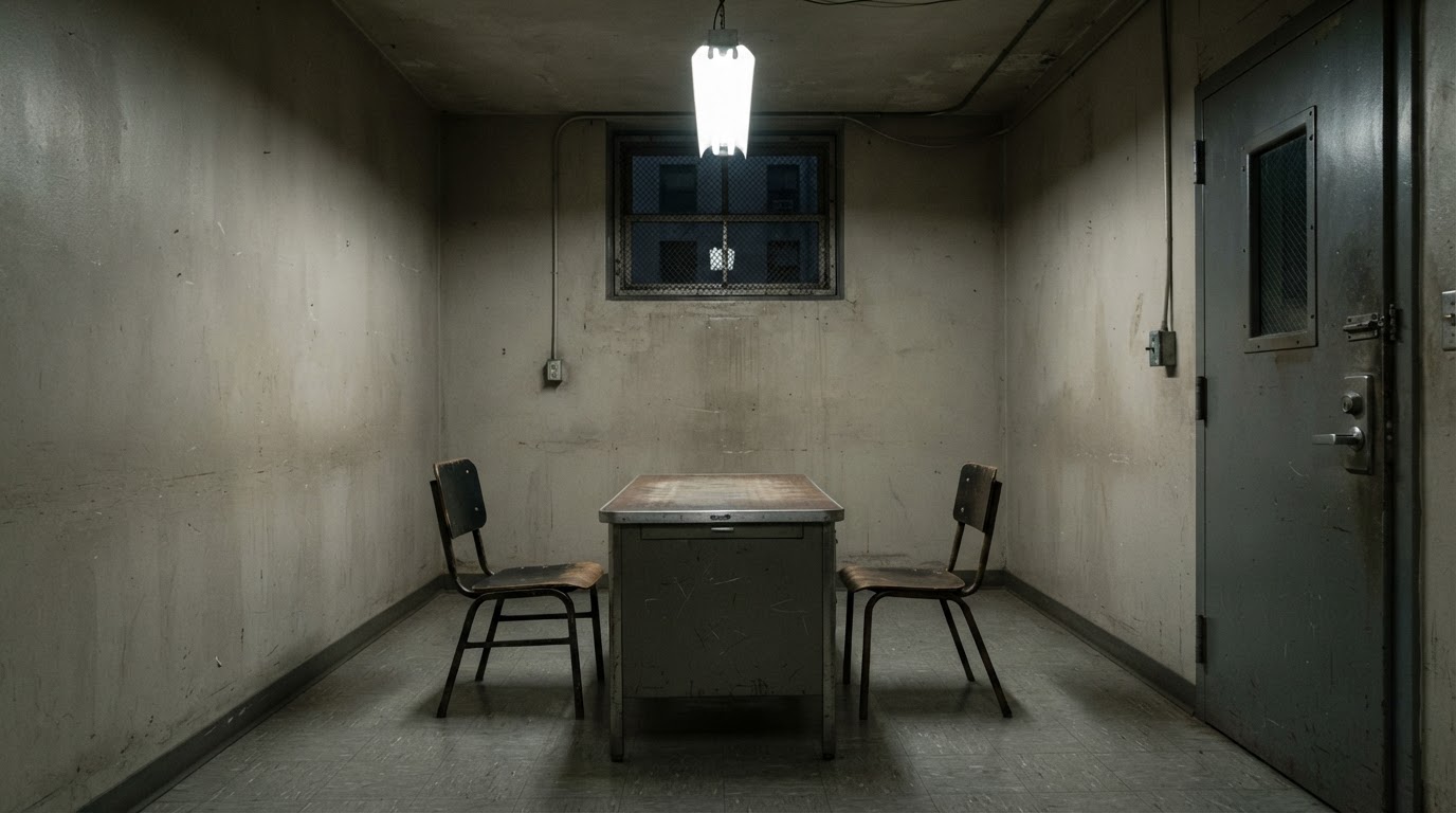 An empty interrogation room, a single worn desk and a cold overhead light