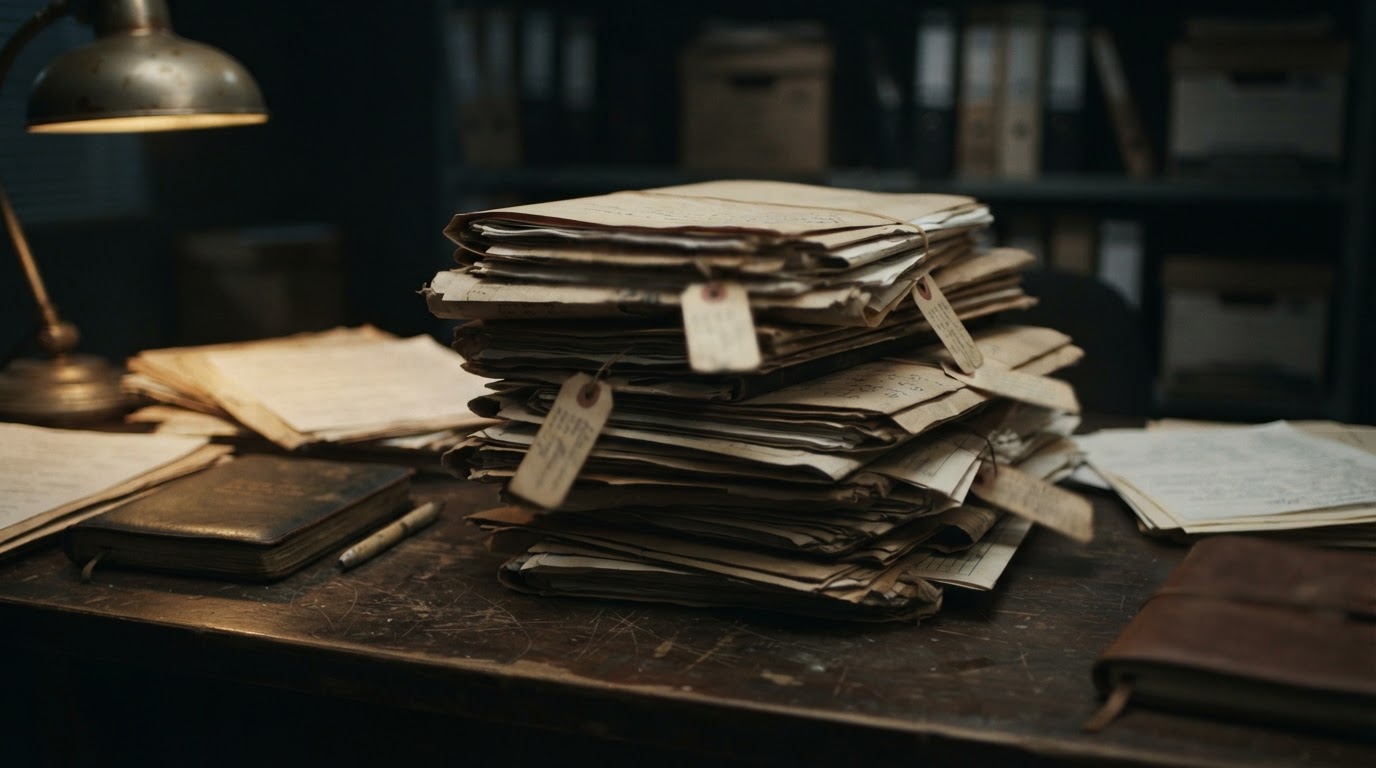A stack of old case-file documents on a desk, the text deliberately illegible (no readable text)