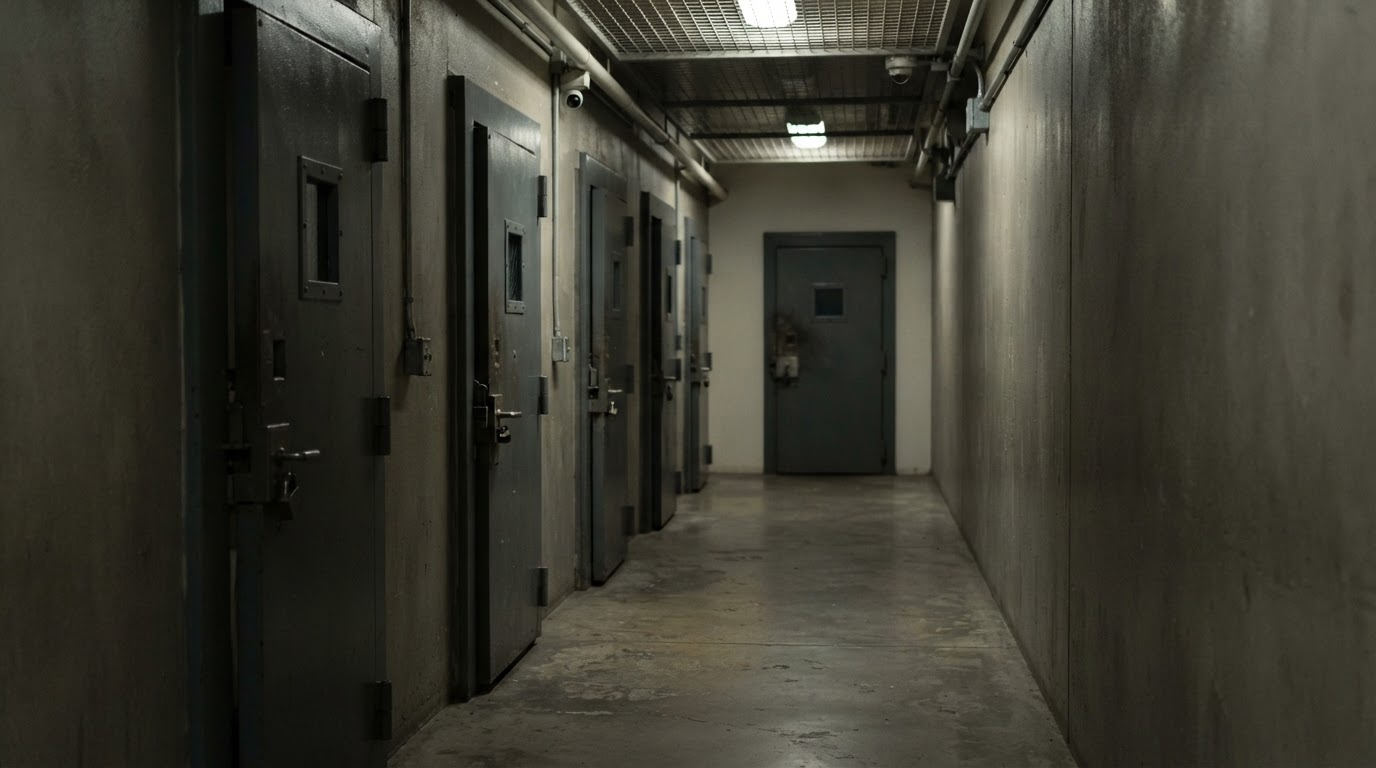 A narrow dim corridor lined with cold steel cell doors