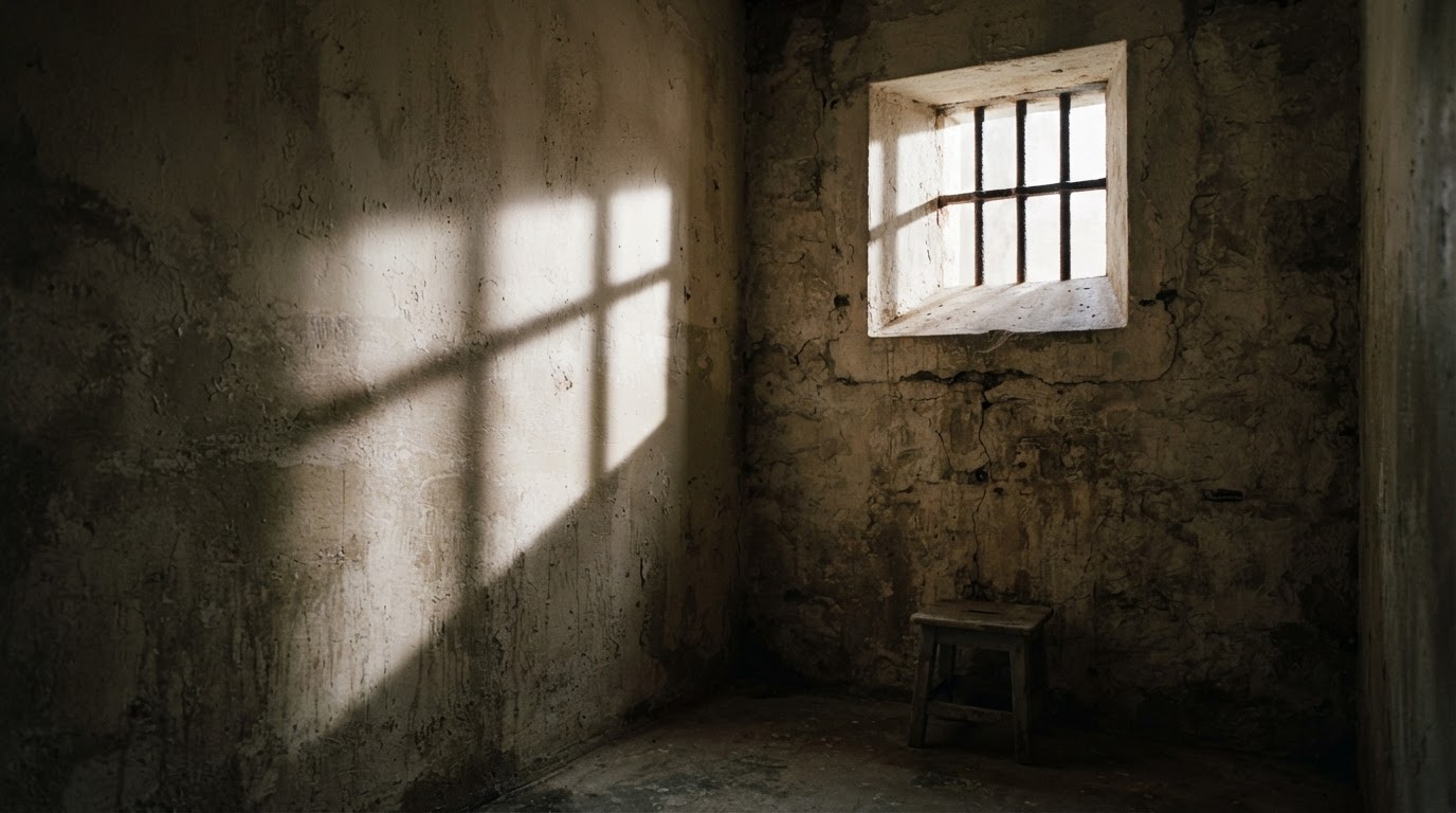 A shaft of light through a small barred cell window, bars' shadow on a plain wall