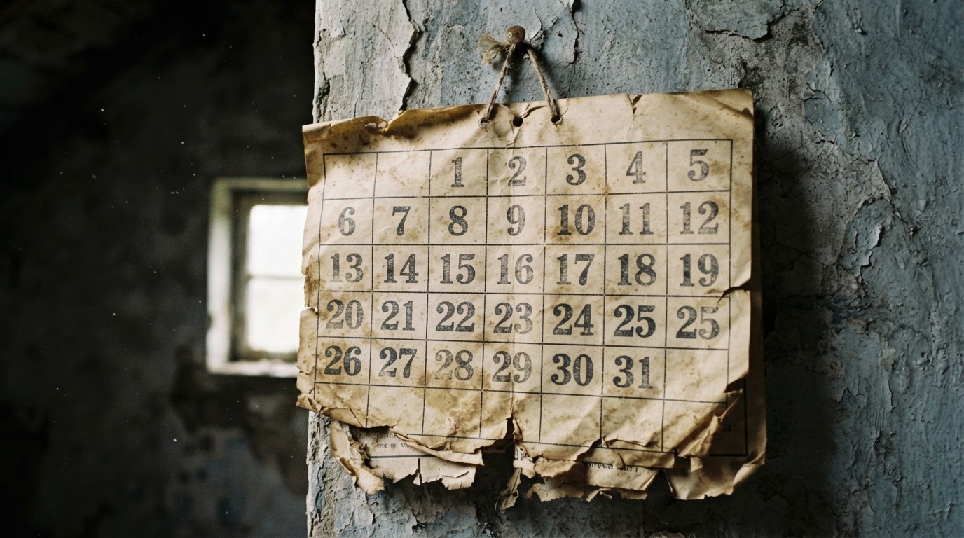 An old wall calendar marking the passage of years, numbers illegible (no readable text)