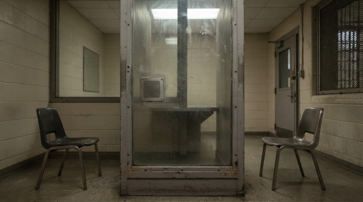 A worn glass partition in a prison visitation room, a single empty chair on each side