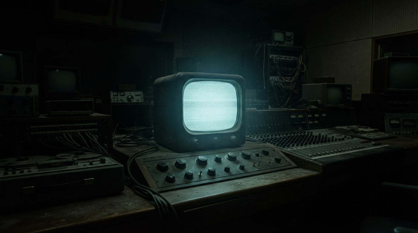 The glow of an empty screen, like the studio of an old cathode-ray-tube television newscast, faint in the dark