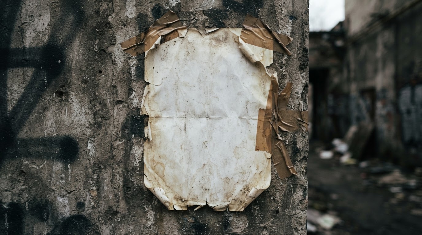 A faded blank flyer stuck to a wall, yellowed with age, without any text