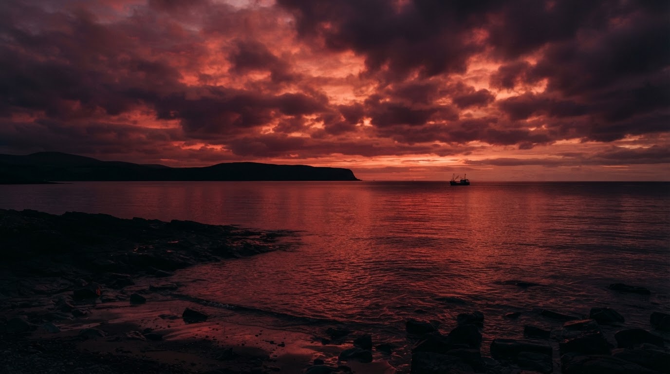 A red sunset spreading over an autumn sea, the horizon sinking low, calm water