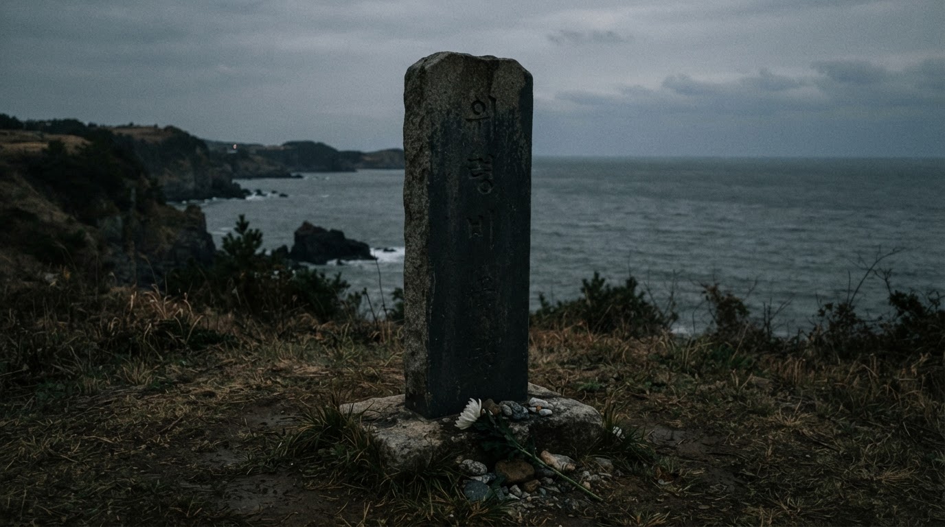 The silhouette of a memorial stone, its inscription unreadable, a single chrysanthemum laid before it
