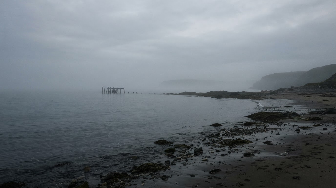 A calm morning sea near the memorial, a thin mist, quiet and empty