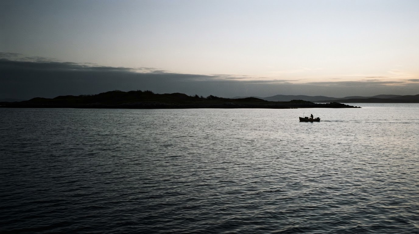 The calm of morning off Wido Island, the sky slowly brightening from gray, the water even