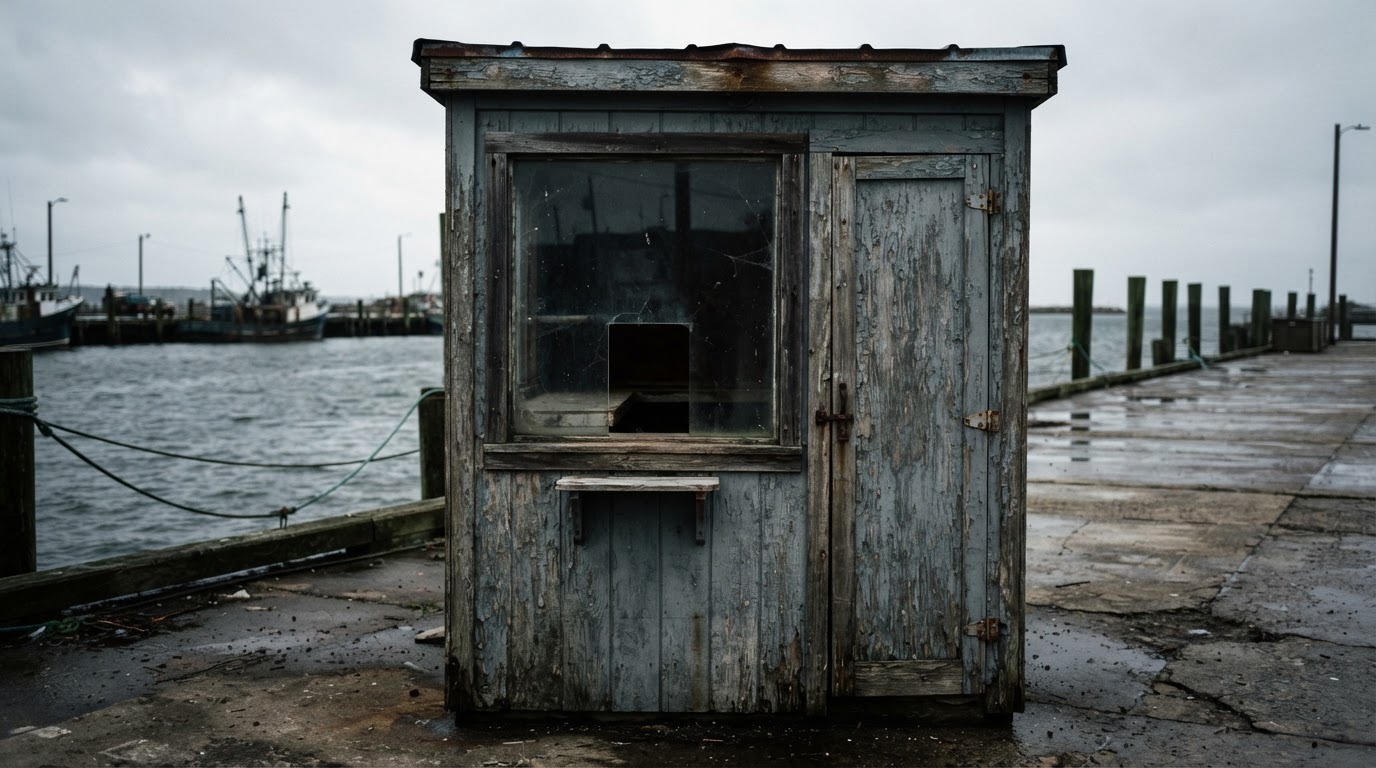 The old ticket window of a harbor booth, a dim interior behind the glass, no legible text