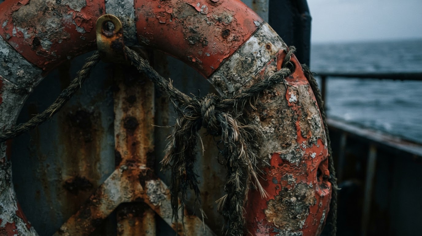 A close-up of a rusted life ring, its paint peeling and its rope frayed