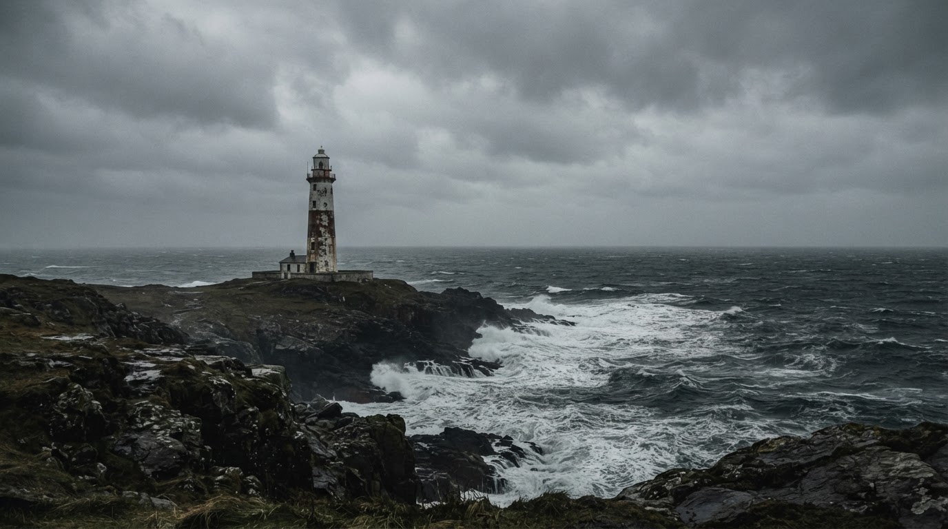 A lone lighthouse facing a gray horizon, a low ceiling of cloud, a cold sea