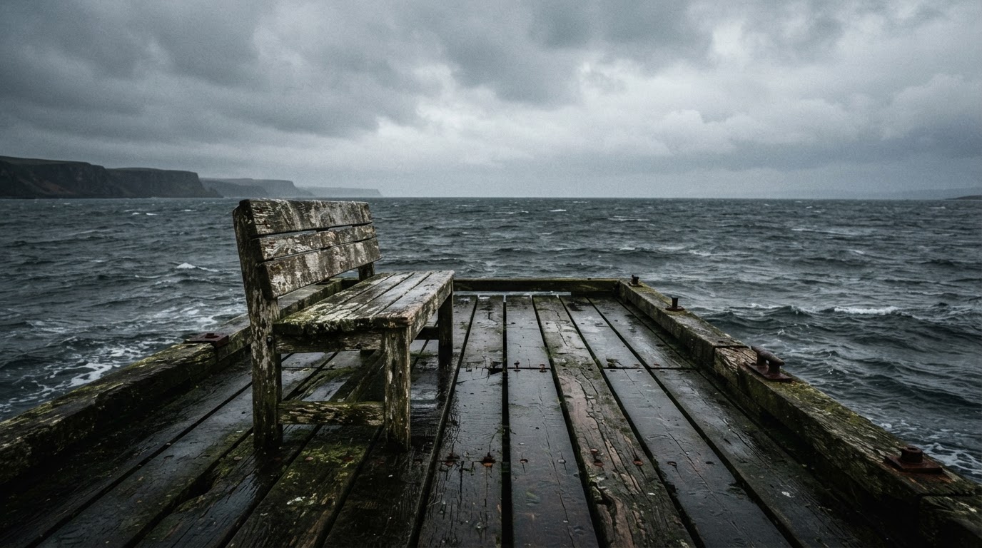 An old wooden bench on an empty dock, facing an overcast sea, no one there