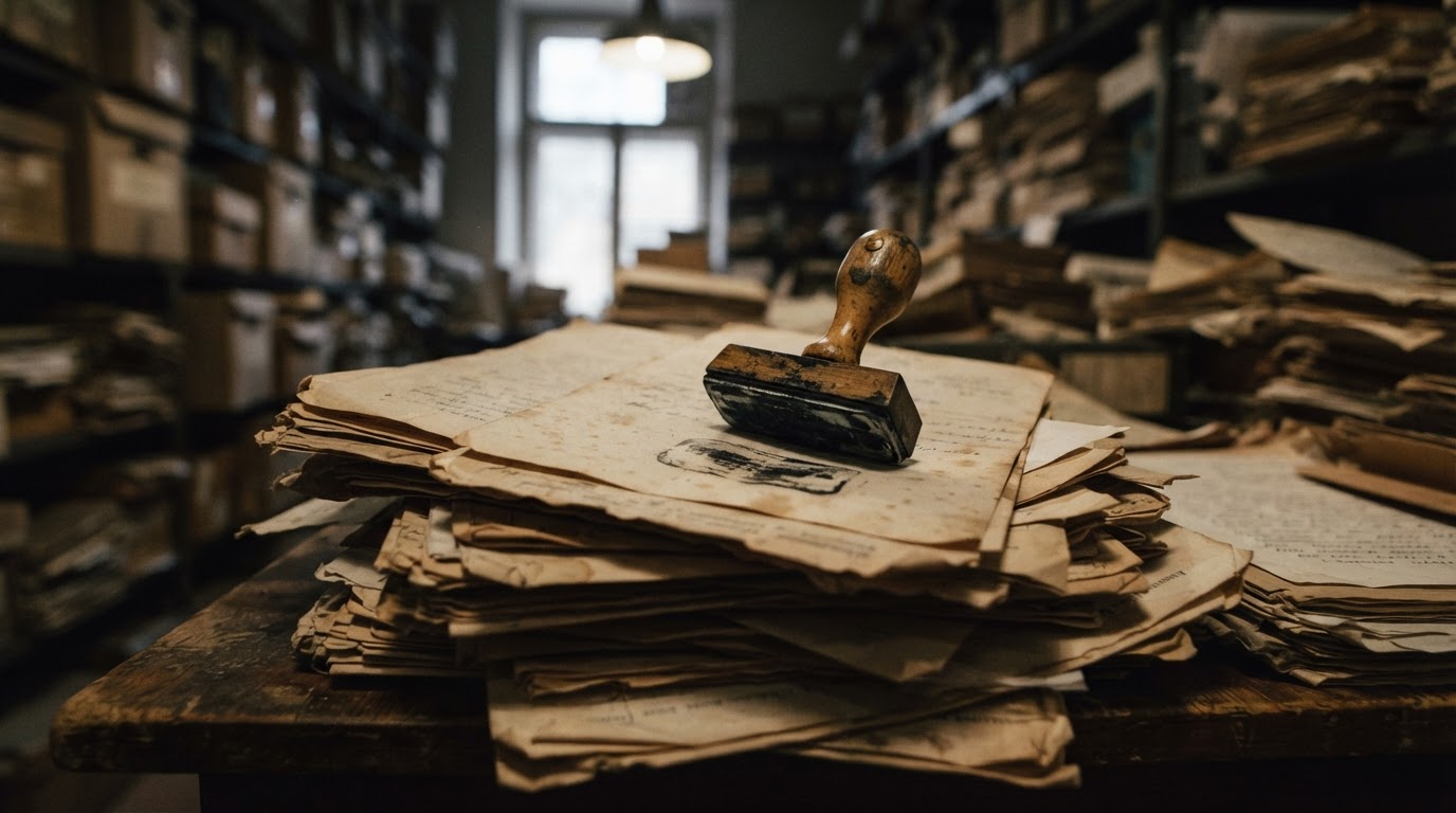 A pile of old documents and a rubber stamp, a blurred archival mood, the text smeared beyond reading
