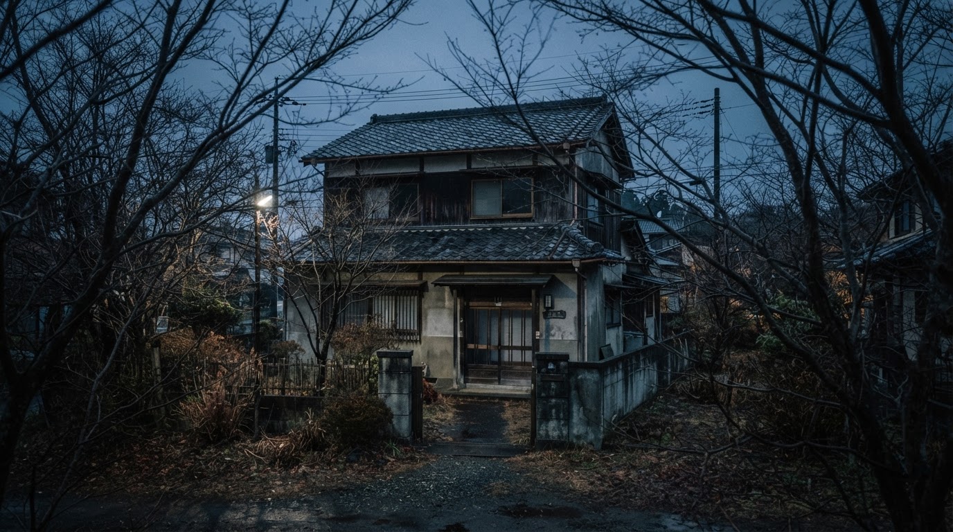 A lone two-story house seen behind bare winter trees at dusk, dim fading light, empty and still, somber and cold, dark documentary photography, photorealistic, no people, no text