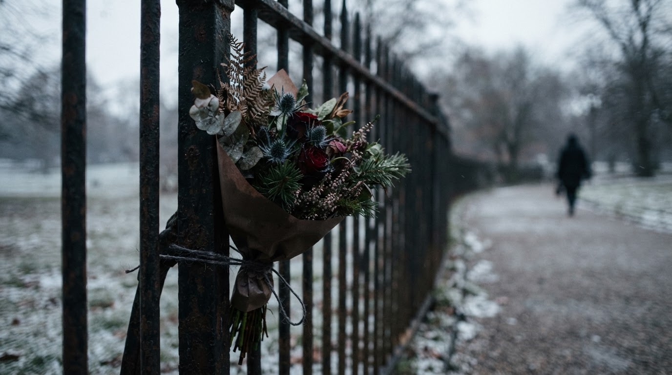 A small bouquet of memorial flowers tied to a fence in cold winter light, quiet and dignified, muted tones, dark documentary photography, photorealistic, no text, no legible cards