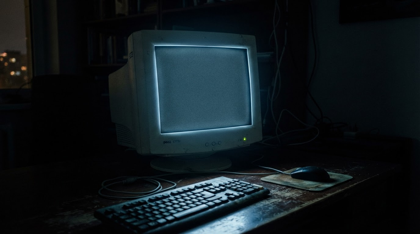 An old computer monitor glowing faintly in a dark room at night, blank screen, no text, cold blue light spilling onto a desk, eerie stillness, dark documentary photography, photorealistic