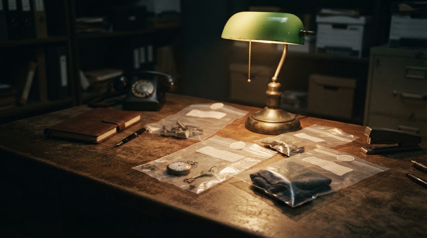 A detective's wooden desk in dim light with several sealed clear evidence bags, no readable labels, a single desk lamp, somber archival mood, photorealistic, no text, no legible writing