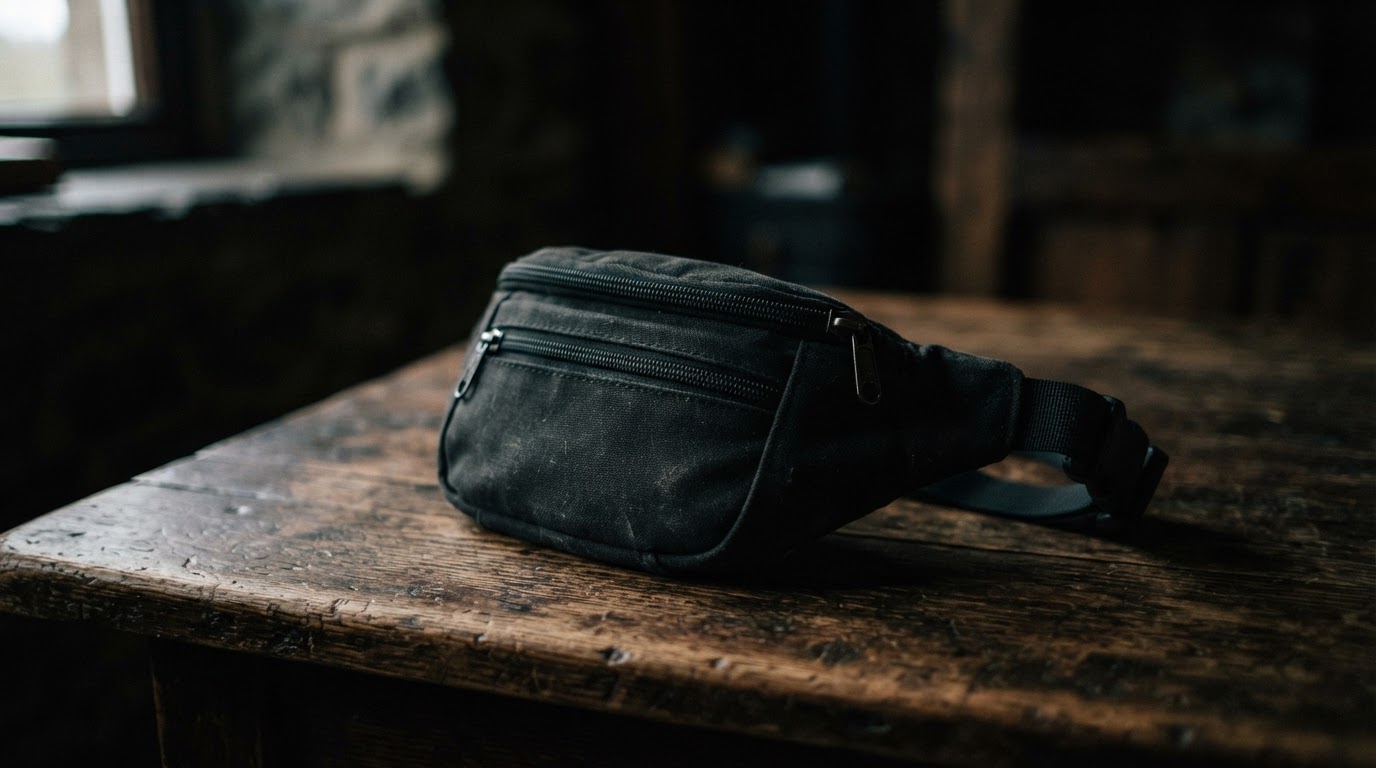 A small black hip bag resting on a bare table in dim, moody light, close and quiet, shallow focus, dark documentary photography, photorealistic, no text, no legible labels
