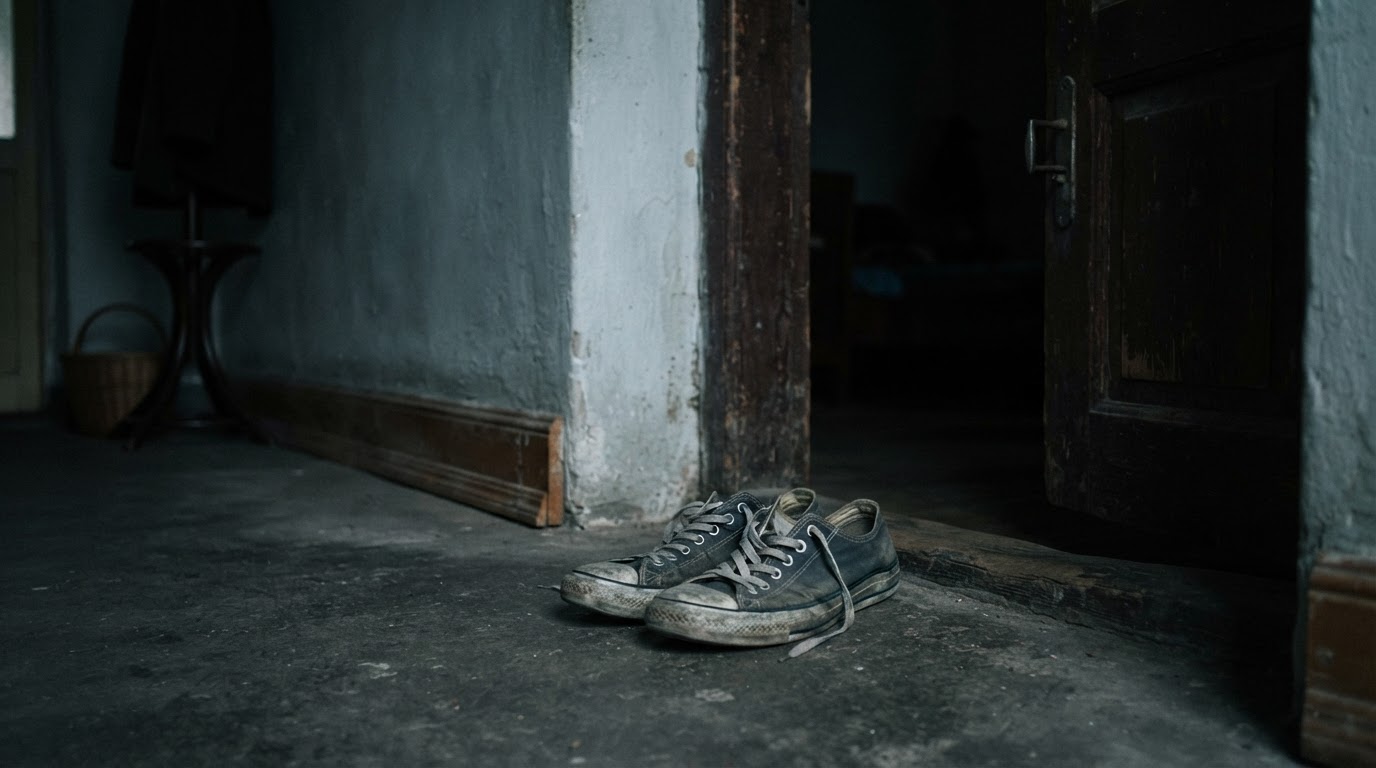 A pair of worn sneakers left neatly by a dark doorway, dim indoor light, quiet and still, cold tones, dark documentary photography, photorealistic, no text, no logos, no legible branding