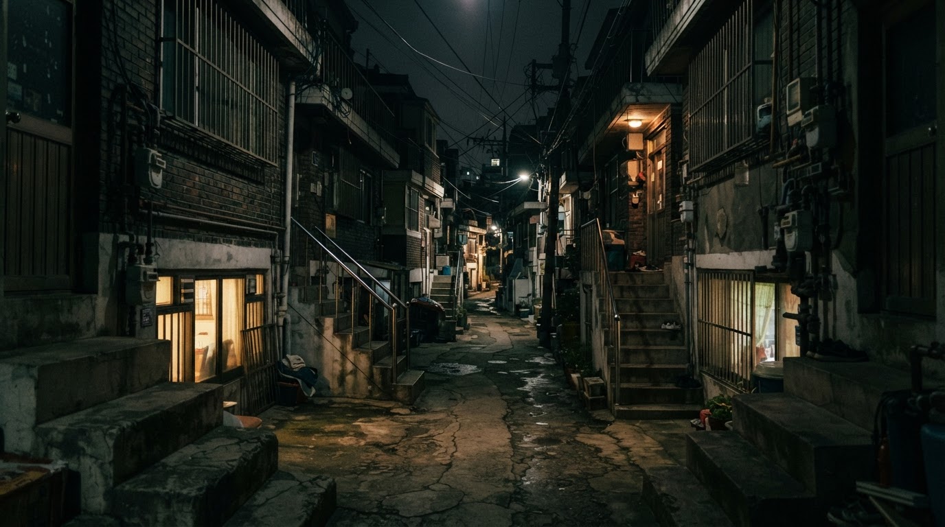 A residential alley in Sinjeong-dong, Seoul at night, dark street lined with semi-basement windows and narrow stairways