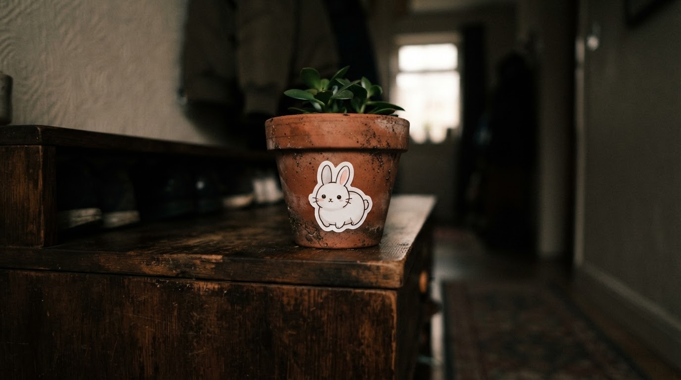 Close-up of a cute white rabbit-shaped sticker on a small flowerpot atop a shoe cabinet in a dim interior (a generic rabbit illustration, not a branded character)