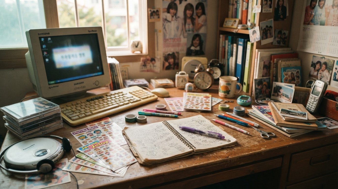 A desk with 2000s Korean stationery and stickers, retro props (no legible text)