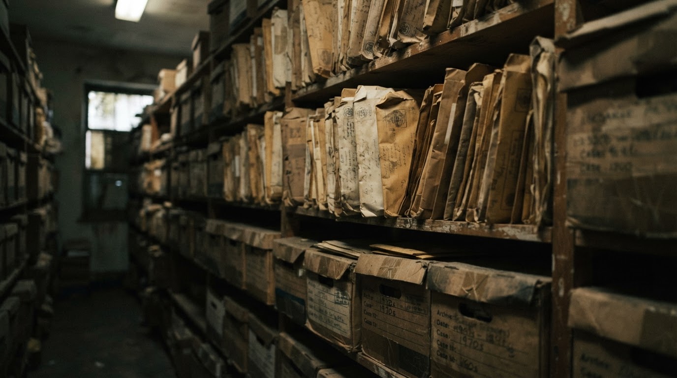 A dusty shelf holding aged evidence envelopes and filing boxes stored for many years (no legible text)
