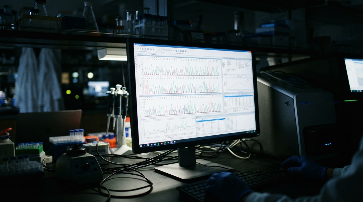 A DNA sequencing graph and data screen showing genetic analysis results (no legible text)