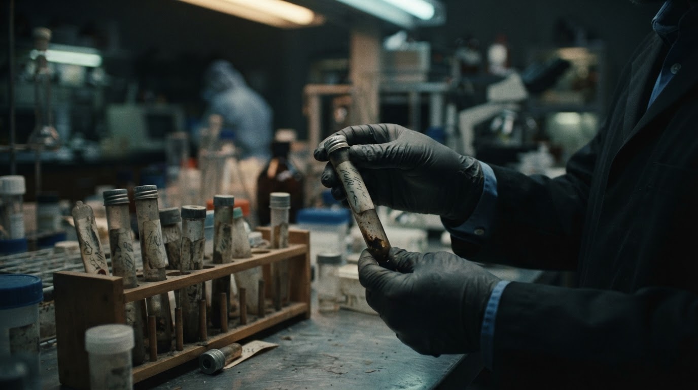 Close-up of a forensic technician's gloved hands handling old evidence samples in a laboratory