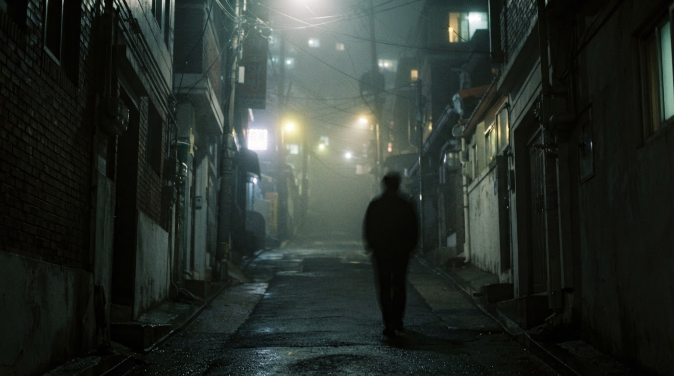 A blurred silhouette of a single figure disappearing into the night fog, a Seoul residential alley (not a composite sketch, unidentifiable)