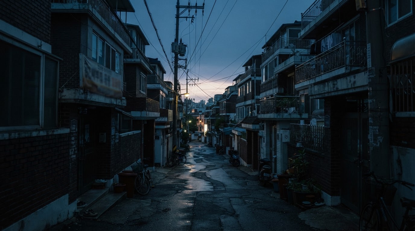 Faint dawn light seeping into a residential alley in Sinjeong-dong, Seoul, a quiet street
