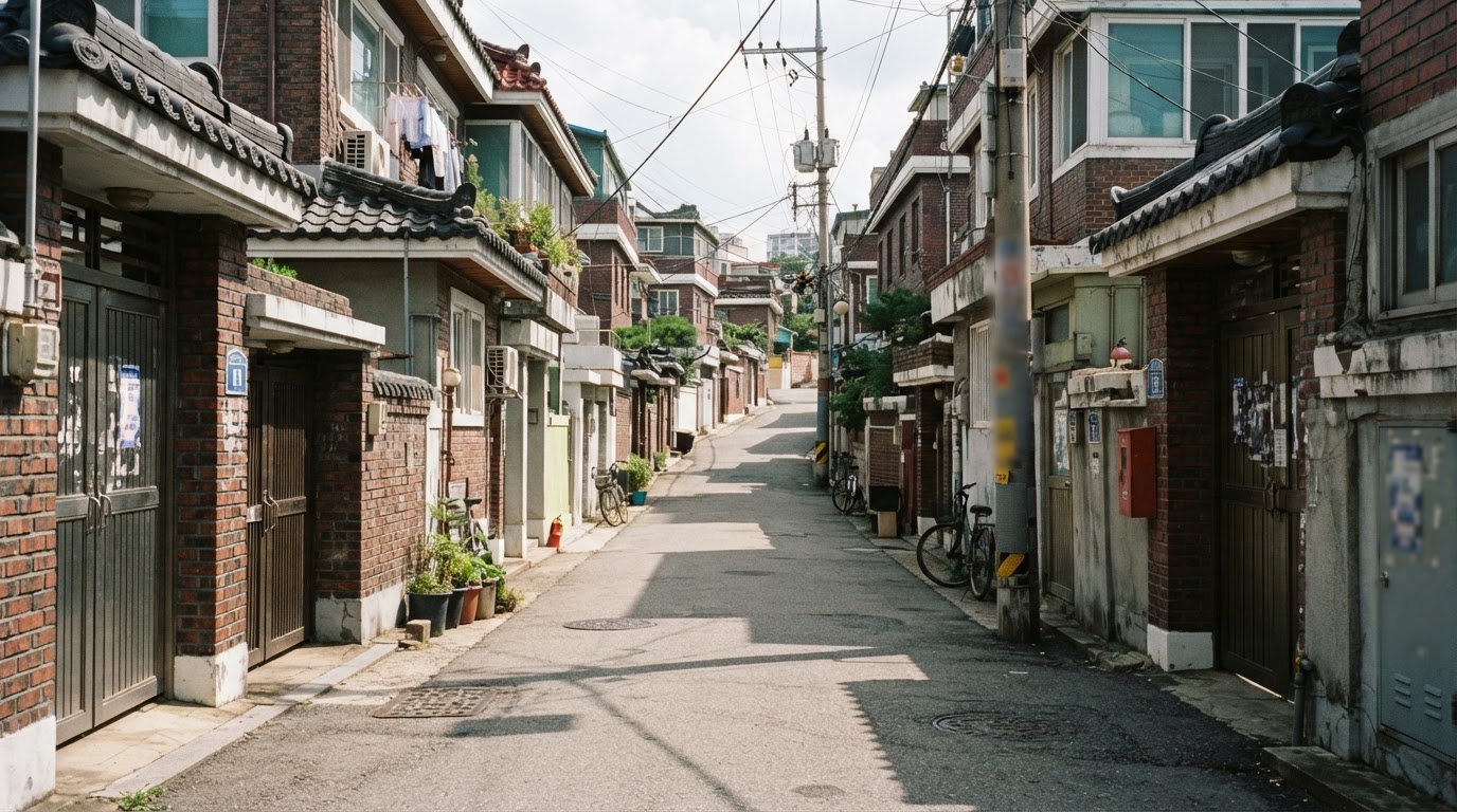 A deserted residential alley in Seoul at midday on a holiday, empty streets