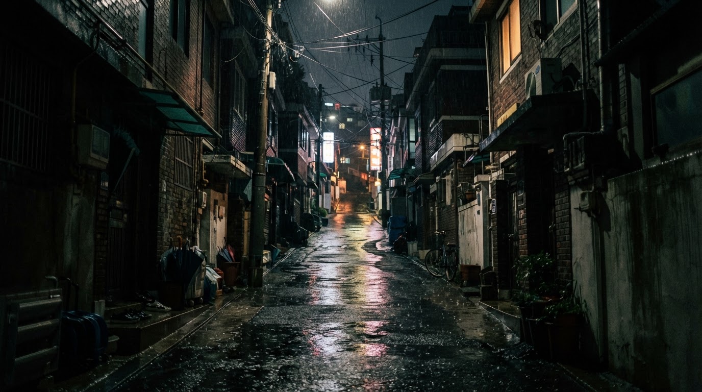 A narrow deserted alley in a Seoul residential neighborhood on a rainy night, wet asphalt
