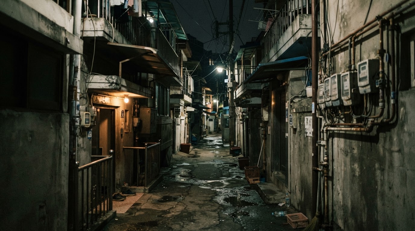 The end of a narrow alley sunk in darkness, a single dimly lit streetlamp