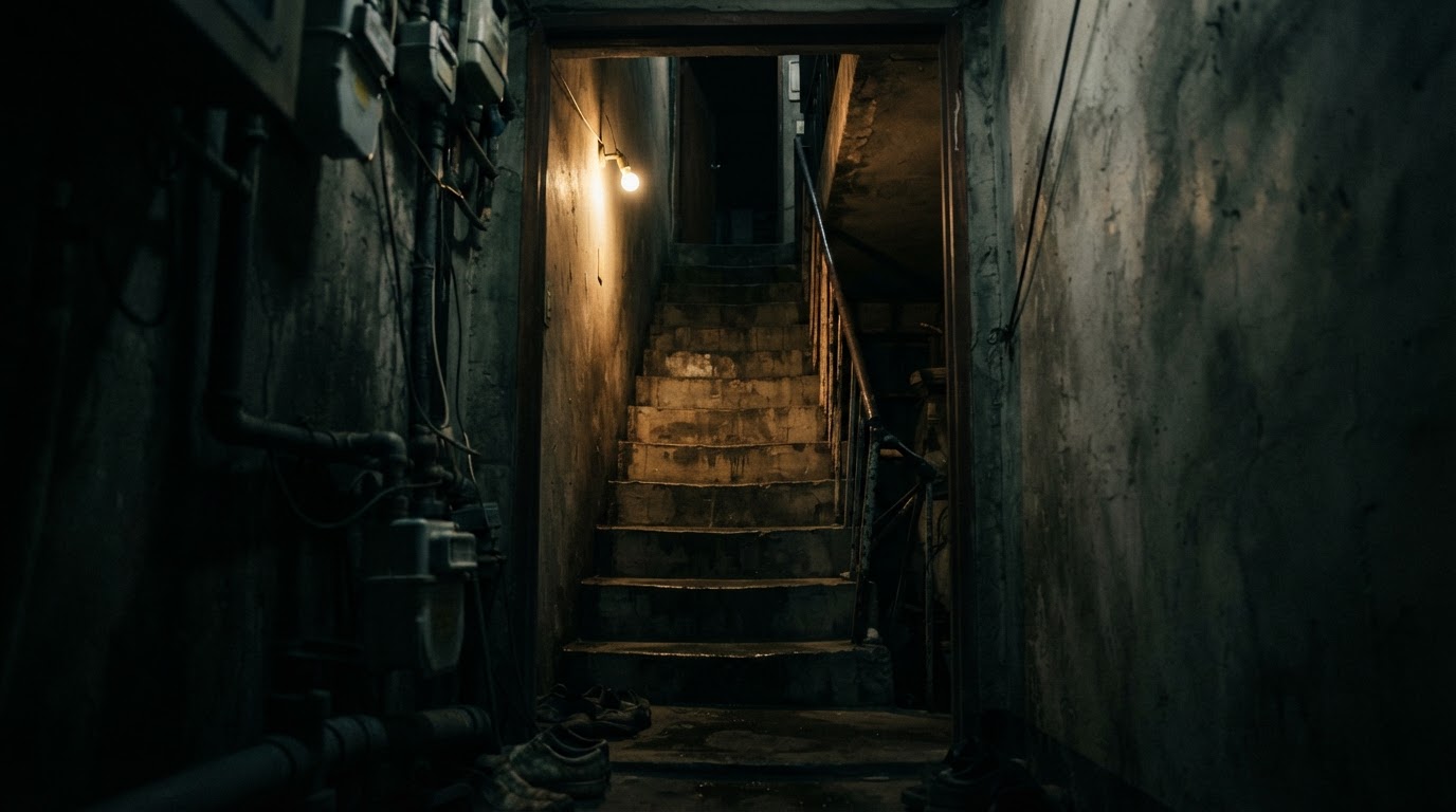 A narrow, steep concrete stairway leading up from a semi-basement, dark interior