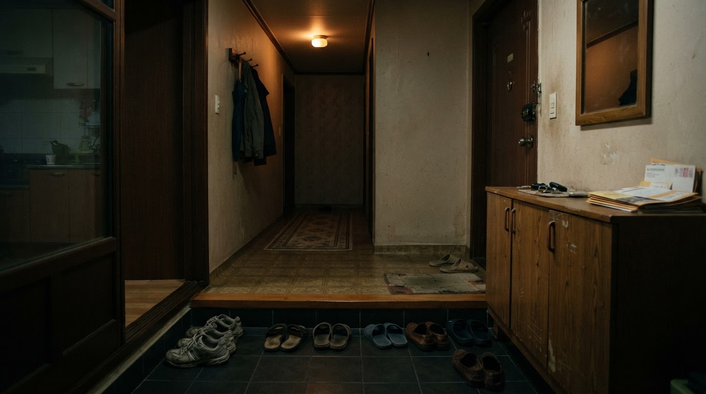 A small, crudely made flowerpot sitting atop an entryway shoe cabinet, dim lighting