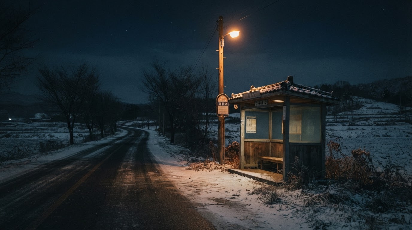 A single dim streetlamp glowing over a deserted rural bus stop on a winter night