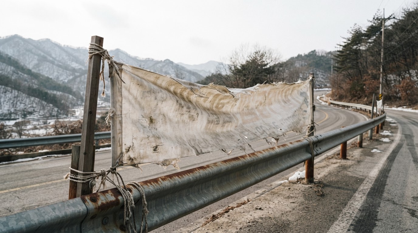 A weathered cloth banner long hung on a roadside railing, its lettering blurred beyond reading, under a winter sky (no legible text)