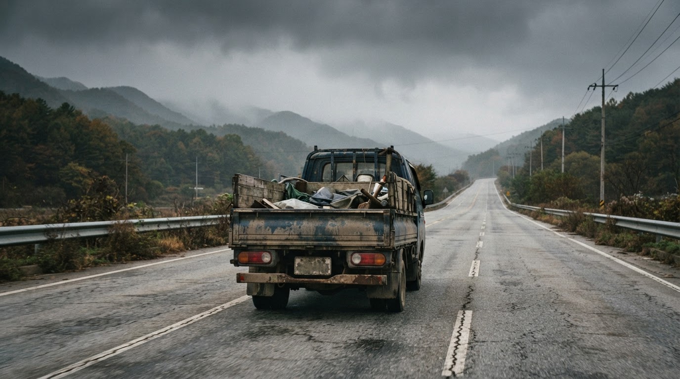 The rear view of an old cargo truck driving alone down an empty provincial highway under an overcast sky