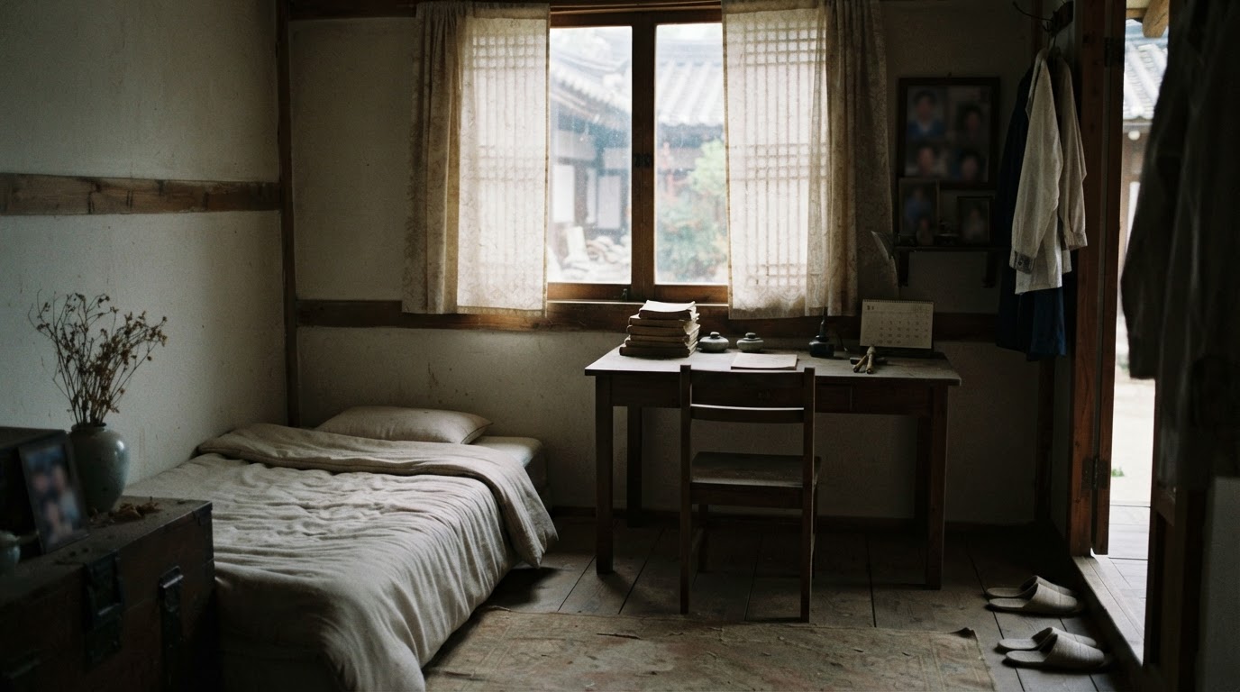 A long-unused room, a desk and chair kept neatly in place but settled with dust, faint sunlight coming through the window