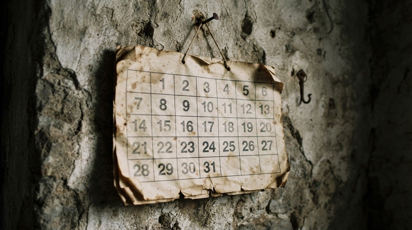 An old calendar hanging on a worn wall, its numbers and text blurred beyond reading (no legible text)