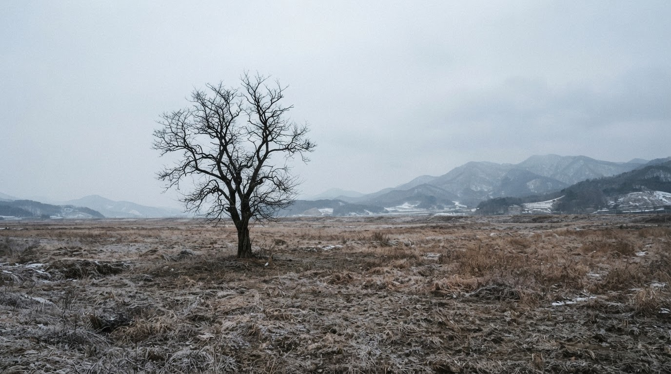A single bare tree standing alone under a cold winter sky, a wide empty field around it